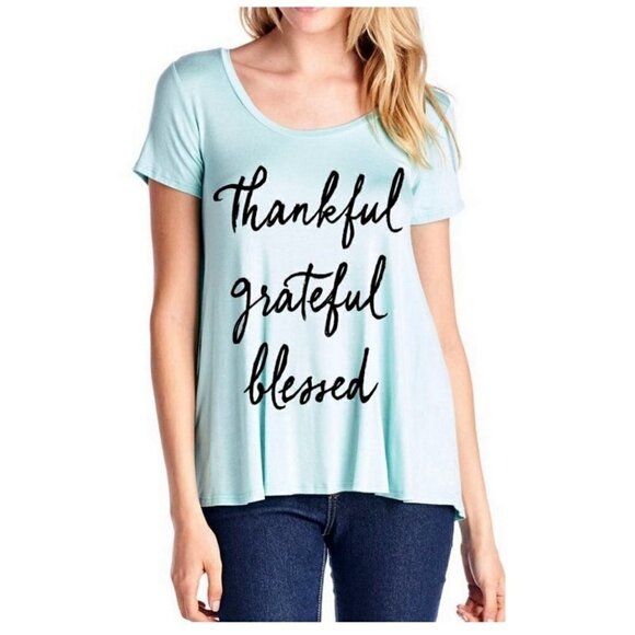 :Light Aqua Thankful Grateful Blessed Flowy Rayon Stretch A Line Loose T-Shirt - Picture 1 of 2